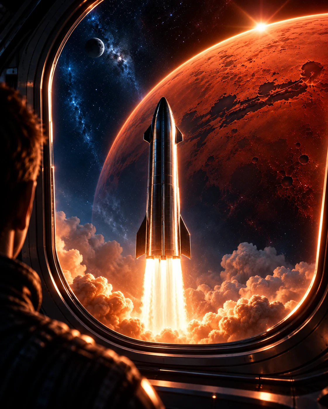 A launch vehicle rising toward Mars as Alien X watches through a viewport